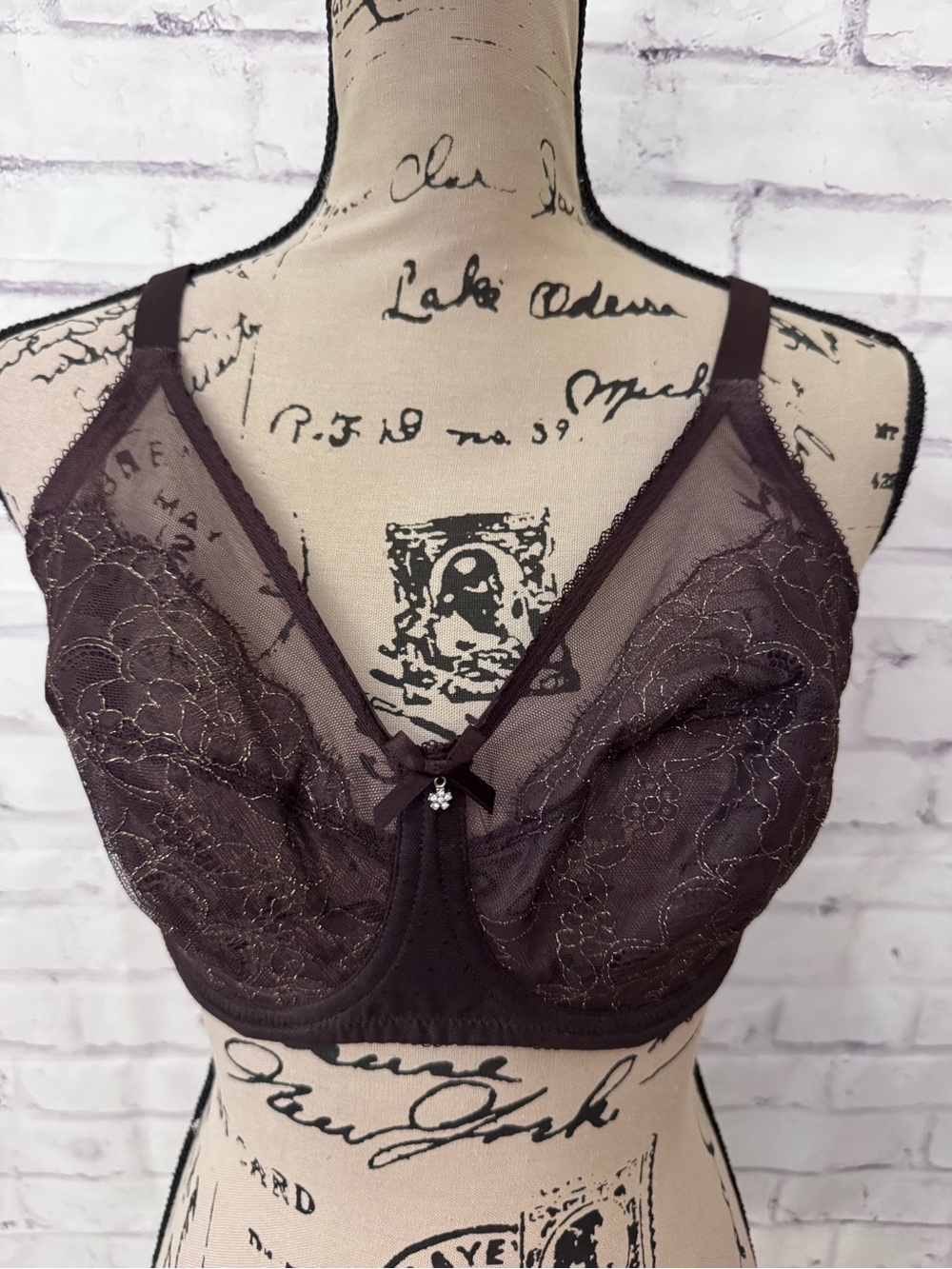 Wacoal Retro Chic Bra 36DD Full Figure 855186 Sheer Underwire Brown Gold Lace